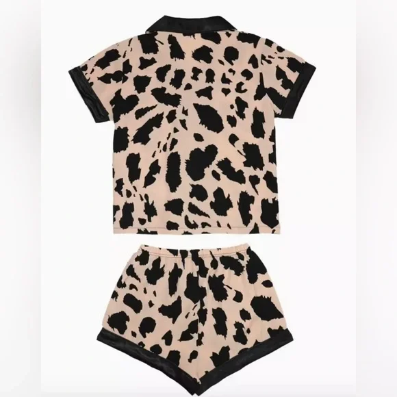 Satin Short Sleeve Pajama Set in Beige & Black - Women's Two-Piece Sleepwear - Picture 2 of 2